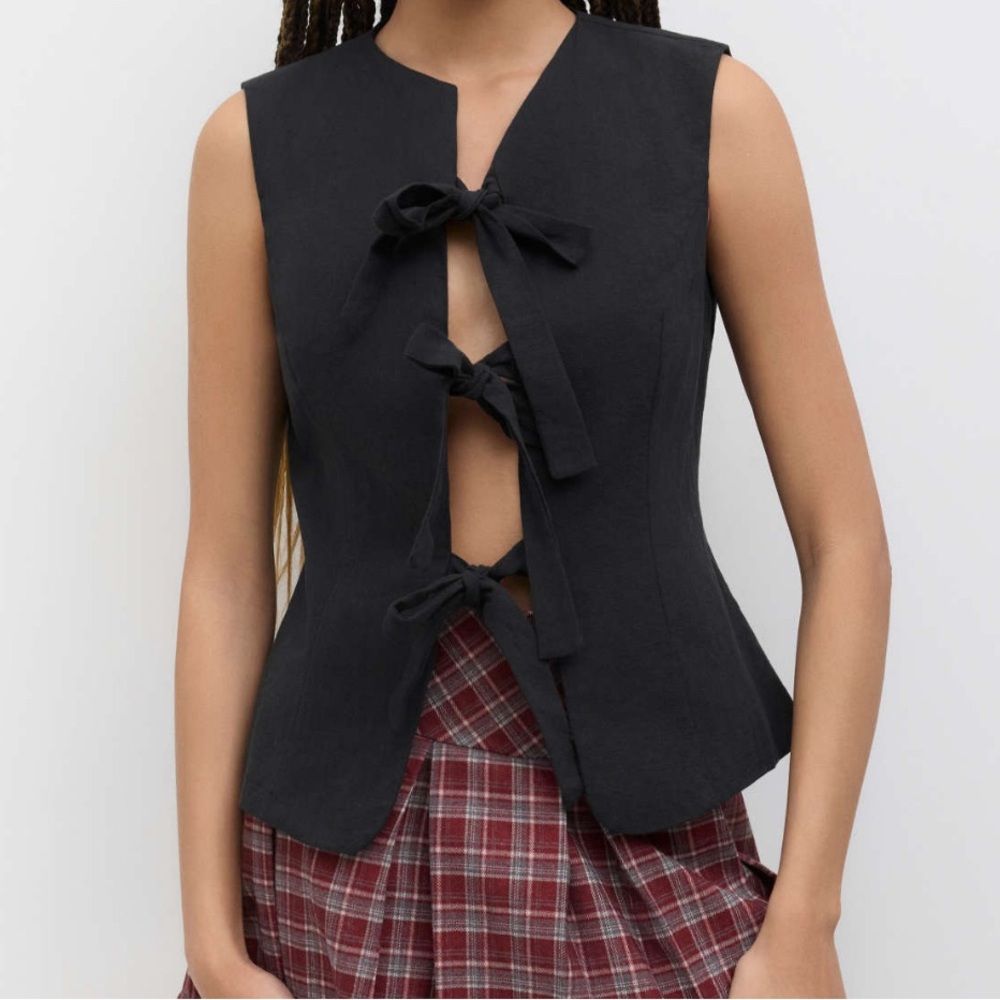 Black Sleeveless cotton Top with Bow Details